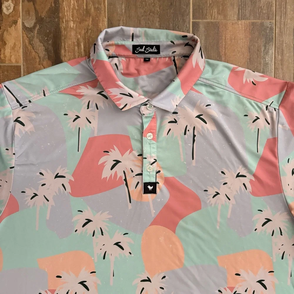 Bad Birdie Short Sleeve Golf Polo Shirt Abstract Colorful Palm Tree 2XL
